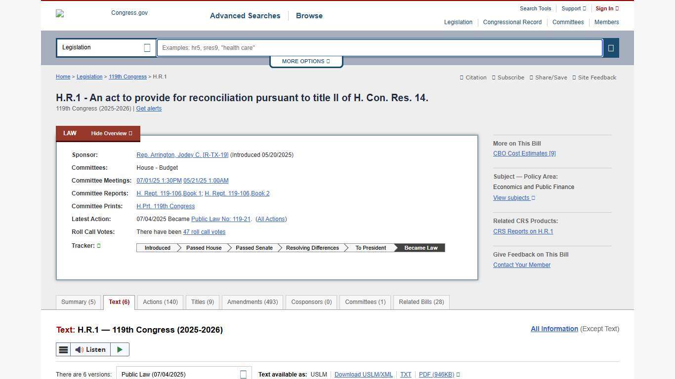 Text - H.R.1 - 119th Congress (2025-2026): An act to provide for reconciliation pursuant to title II of H. Con. Res. 14. Congress.gov Library of Congress